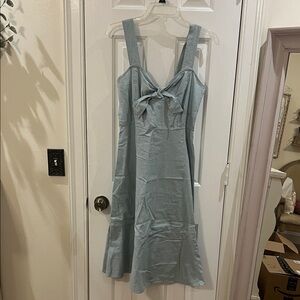 Light Blue Linen Midi Dress with Bow Detail